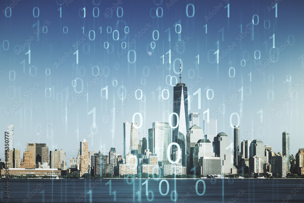 Leinwandbilder abstract virtual binary code illustration on new york city skyline background. big data and coding c