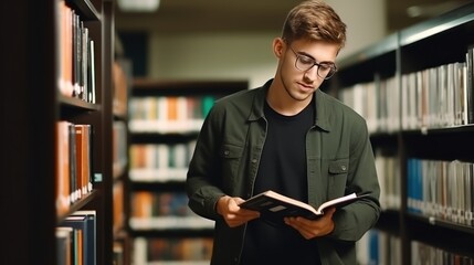 Caucasian male student in glasses reads book standing near shelves in university library.
