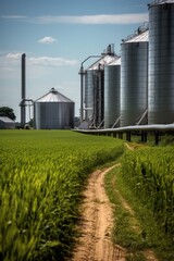 Fototapeta premium Ground road leading to grain storage structures on grass field in industrial area on sunny day.