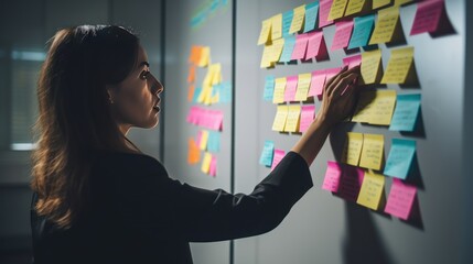 Caucasian woman organizer attaches colorful sticky notes with reminders of important things to...