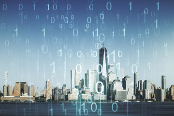 Abstract virtual binary code illustration on New York city skyline background. Big data and coding concept. Multiexposure