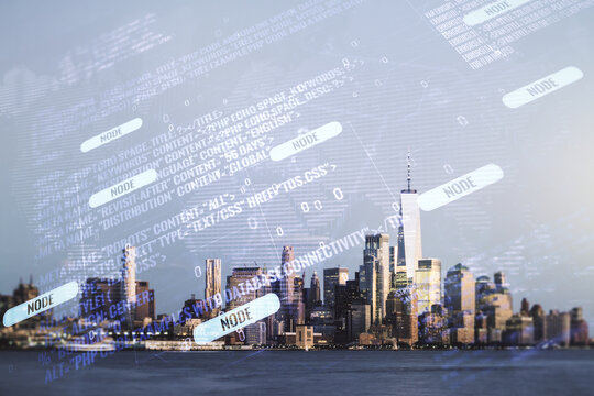 Abstract virtual coding illustration and world map on New York cityscape background, international software development concept. Multiexposure