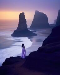 A mesmerizing scene of a woman in a white dress standing on a cliff, immersed in a surreal purple and golden light. Generative AI.