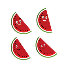 Watermelon slice character with funny face. Happy cute cartoon watermelon emoji set. Healthy vegetarian food character vector illustration