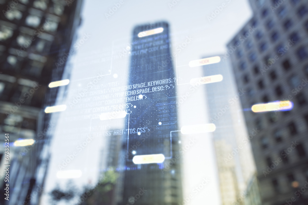 Poster multi exposure of abstract programming language hologram on blurry cityscape background, artificial 