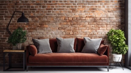 Sofa against the background of a brick wall - generative ai