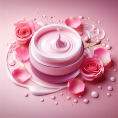 A jar of pink face cream on a pink background with a swirl of pink cream, droplets of water and pink rose petals scattered around.