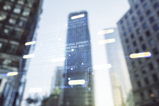 Multi exposure of abstract programming language hologram on blurry cityscape background, artificial intelligence and machine learning concept