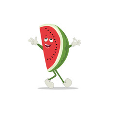 Watermelon slice character with funny face. Happy cute cartoon watermelon emoji set. Healthy vegetarian food character vector illustration