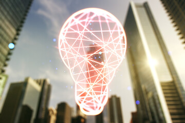 Virtual Idea concept with light bulb illustration on office buildings background. Multiexposure