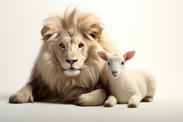The lion and the lamb together. An image on a white background. Generative AI