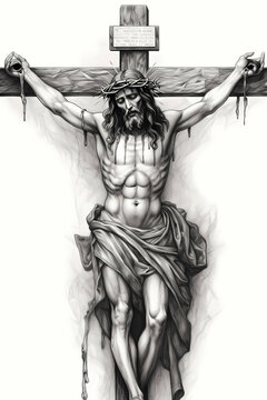 Crucifixion of Jesus Christ on cross inri crown of thorns black and white