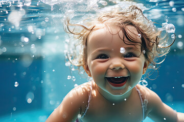A baby swimming and playing with water