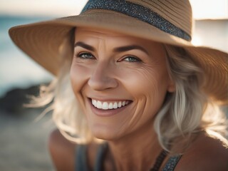 Lively smiling mature woman on the beach. she has shortcut white hair