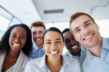 Ethnicité et diversité au travail avec des employés heureux célébrant le succès de l'entreprise. - obrazy, fototapety, plakaty