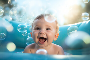 A baby swimming and playing with water - obrazy, fototapety, plakaty