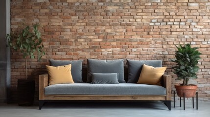 Sofa against the background of a brick wall - generative ai