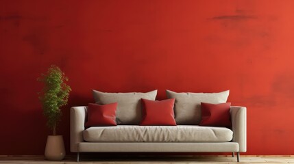 Sofa against the background of a red wall - generative ai
