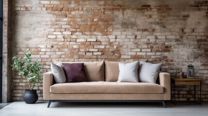 Sofa against the background of a brick wall - generative ai