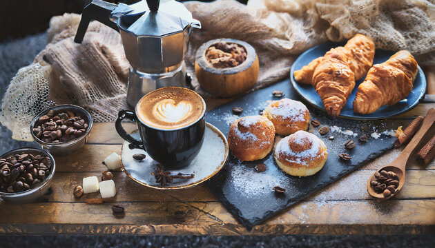 photo of artisan coffee, pastries, and a cozy atmosphere