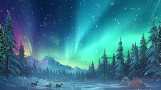 Winter scenery. Northern lights in winter forest. Night winter landscape with aurora, tent and pine tree forest. cartoon or anime watercolor illustration style looping video background