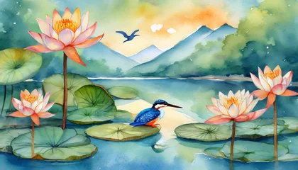 Fotobehang watercolor wallpaper pattern landscape of lotus flower with kingfisher with lake background © gary