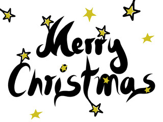Merry Christmas message in black and gold. Lettering merry christmas with black words and golden stars. Drawing of letters without background.