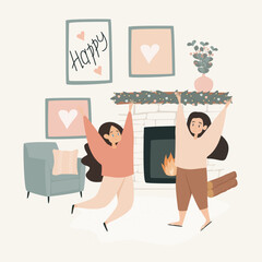 Winter cozy picture. Christmas mood. New Year holidays. The girls are happy to meet