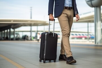 Man walks with small suitcase with personal belongings moving along airport looking for gate to board plane. Air travel and wanderlust in adulthood. Legs close-up. Cropped photo.