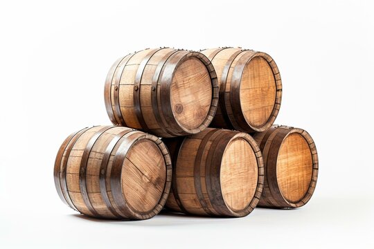Stacked wooden barrels on a white background. Generative AI