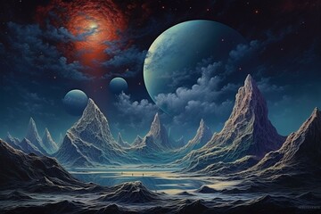 Landscape with mountains, clouds, and planets in a dark blue space. Generative AI