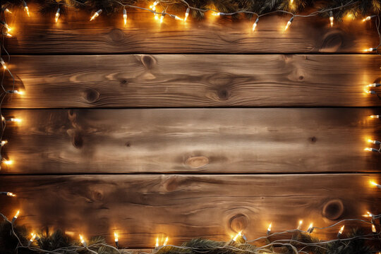 Bakgrund av tr&auml;plankor med ljusslinga och granris runt