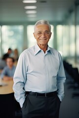 Obraz premium elegant smiling professional senior male company executive leader is standing with his hands in his pockets. generative AI