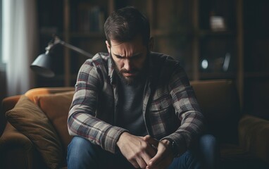 Obraz premium Frustration, mental disorder, broken heart. Mental problems, middle age crisis. Sad upset handsome bearded male sitting on couch crying, covers face with hands in living room interior, copy space