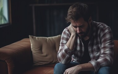 Fototapeta na wymiar Frustration, mental disorder, broken heart. Mental problems, middle age crisis. Sad upset handsome bearded male sitting on couch crying, covers face with hands in living room interior, copy space