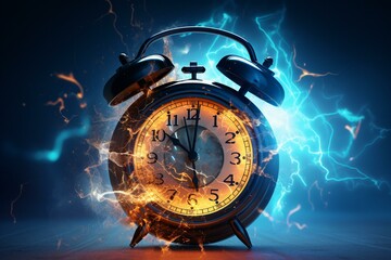 3D rendered clock alarm jumping and ringing with lightning for deadline or awake concept. Timepiece counts down time to event. Generative AI - obrazy, fototapety, plakaty