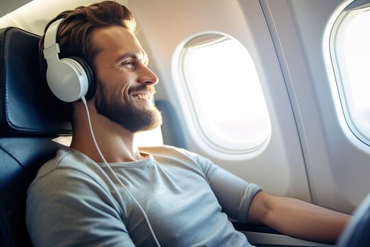 Man is listening to music in headphones during his flying in an airplane.