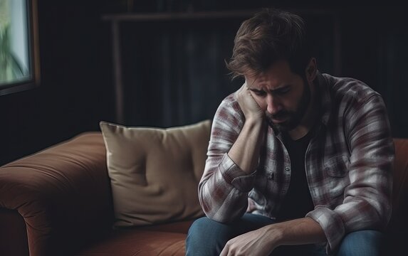 Frustration, mental disorder, broken heart. Mental problems, middle age crisis. Sad upset handsome bearded male sitting on couch crying, covers face with hands in living room interior, copy space