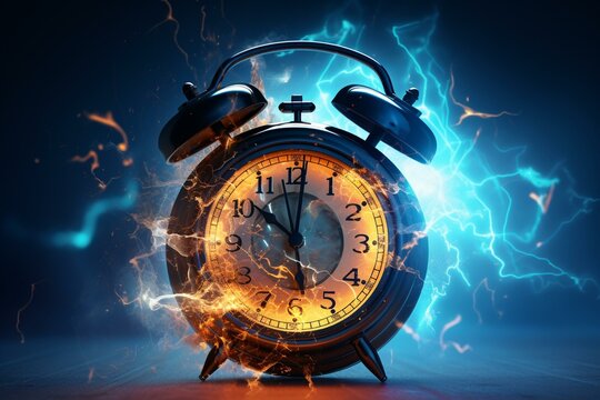 3D rendered clock alarm jumping and ringing with lightning for deadline or awake concept. Timepiece counts down time to event. Generative AI