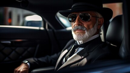 professional personal driver, old chauffer wearing black suit and glasses, siting in a luxurious car.