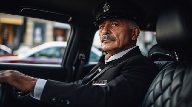professional personal driver, old chauffer wearing black suit and hat, siting in a luxurious car.