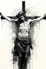 Crucifixion Ink Artwork, Ink Drawing, Jesus on the Cross, Crucifixion Art, Religious Artwork, Digital Art