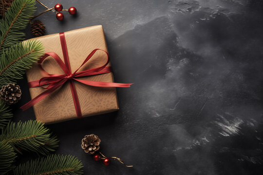 Bakgrund "flat lay" - julklapp med r&ouml;da sn&ouml;ren, b&auml;r, granris mot en gr&aring; bakgrund, minimalistiskt