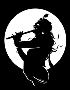 krishna silhouette playing flute against moon clip art preview