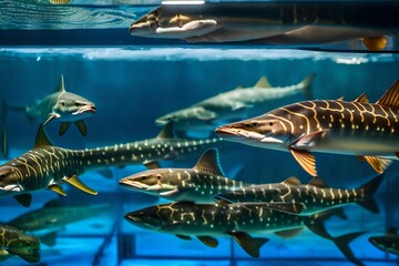 Amur sturgeon (Acipenser schrenckii) fingerlings in the hatchery incubator. Fish farm for...