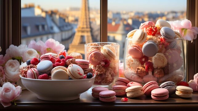 AI generated illustration of a stack of macarons on a windowsill in Paris