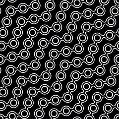 Seamless repeating pattern with zigzag lines made of concentric small circles. Abstract black and white chains. Geometric modern design. Vector illustration.