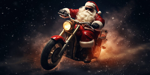 Santa Claus on a motorbike hurrying driving on starry night background