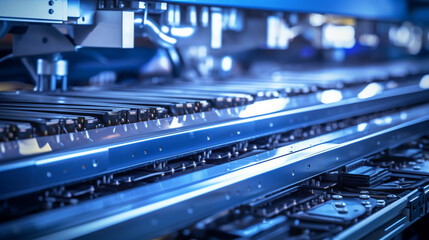 A conveyor production line close-up, featuring a continuous stream of electronic components being assembled, highlighting the advanced technology and precision in electronics manuf 