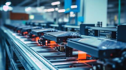 A conveyor production line close-up, featuring rows of freshly packaged personal electronics, highlighting the efficiency and automation in the consumer electronics manufacturing i 